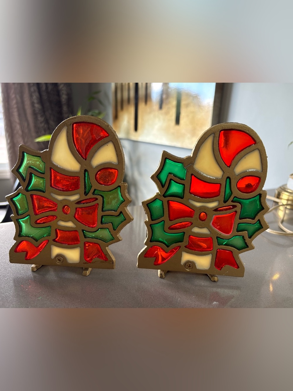 Vintage 1980s Faux Stained Glass Resin Candle Holders Pair